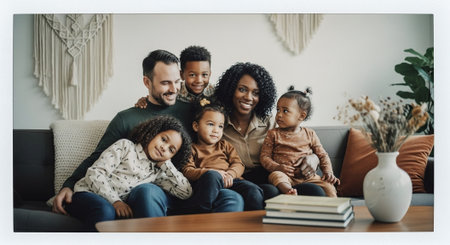 Happy african american family sitting on sofa and smiling at cameraの素材