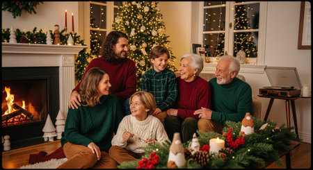 happy family sitting on floor near christmas tree and fireplace at homeの素材