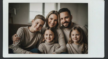 Portrait of happy family looking at camera in photo frame at homeの素材