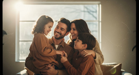 Happy family of four is hugging and smiling while sitting on sofa at homeの素材