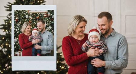 happy family in winter clothes looking at photo frame on christmas treeの素材