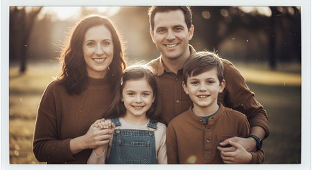 Happy family in the park. Mother, father and their children.の素材