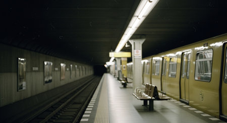 Subway station platform with empty seats and benches. Blurred background.の素材