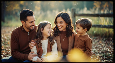 Happy family in autumn park. Mother, father and children having fun outdoors.の素材