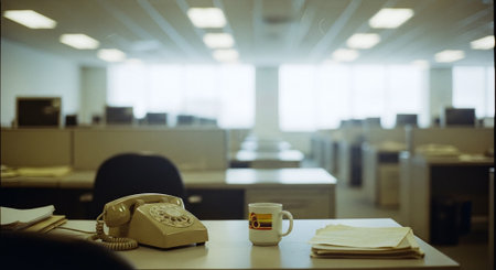 Telephone and cup of coffee on a desk in a modern officeの素材