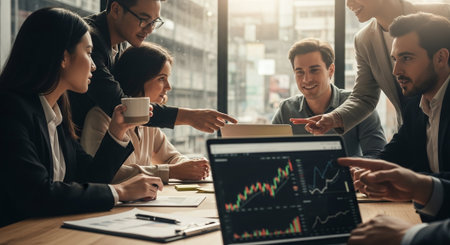 Group of business people discussing the charts and graphs showing the results of their successful teamwork.の素材