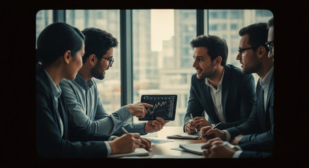Group of business people discussing the charts and graphs showing the results of their successful teamworkの素材