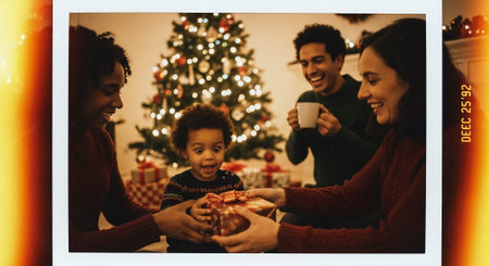 Merry Christmas and Happy Holidays! Cheerful family having fun at homeの素材
