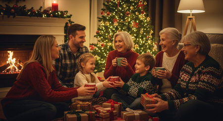 happy family with cups of tea and christmas gifts sitting on sofa at homeの素材