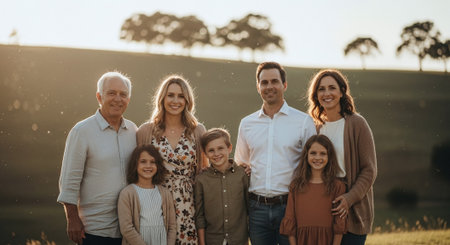 Portrait of a happy family standing together in the field at sunsetの素材