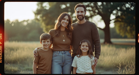 Portrait of a happy family in the park at sunset. The concept of a happy family.の素材