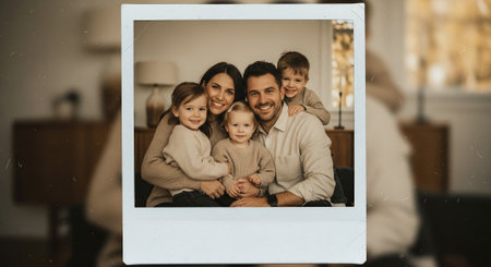 Portrait of a happy family looking at the camera in a photo frameの素材