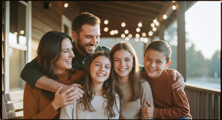 Portrait of happy family looking at camera while spending time together at homeの素材