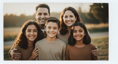 Portrait of happy family standing outdoors. Mother, father and their children.の素材