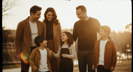 Multi-ethnic family walking in the park at sunset and looking at the cameraの素材