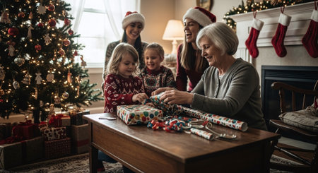 Merry Christmas and Happy Holidays! Grandmother and her grandchildren are preparing for the holiday.の素材