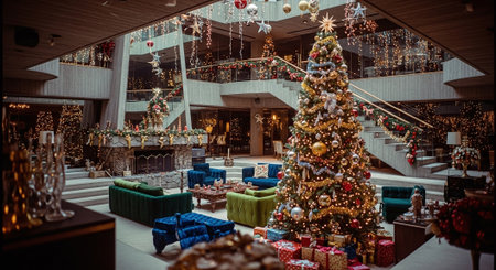 Christmas tree and gifts in the lobby of a modern house. Christmas decoration.の素材