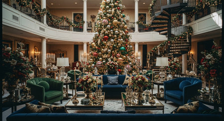 Luxury interior of a luxurious restaurant with Christmas tree and decorationsの素材