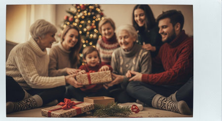 Happy family sitting on the floor and exchanging gifts in front of Christmas treeの素材