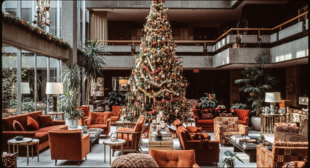 Interior of a hotel lobby with christmas tree on the wallの素材