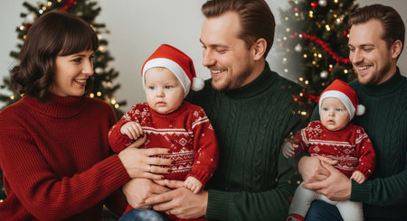 Happy family in red sweaters and santa hats sitting near Christmas tree at homeの素材