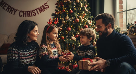 Happy family with two children sitting on the floor near the Christmas tree and exchanging gifts.の素材