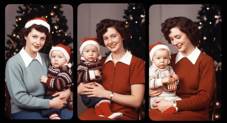 Happy family in red sweaters and santa claus hats celebrating Christmas at homeの素材