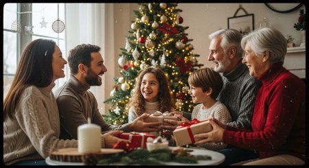 Family celebrating Christmas and New Year together at home, sitting on sofa, exchanging gifts.の素材