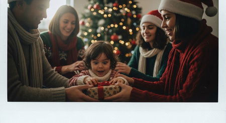 Happy family with little girl in santa hats and scarves at homeの素材