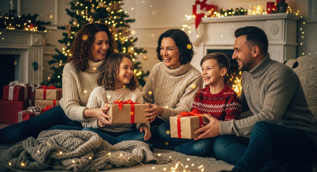 happy family with christmas gift boxes sitting on sofa in living roomの素材