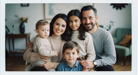 Portrait of happy family sitting on sofa and looking at camera at homeの素材