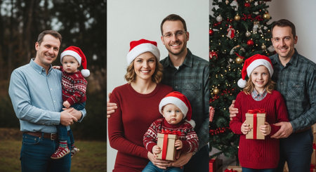 collage of happy family in santa hats holding christmas giftsの素材