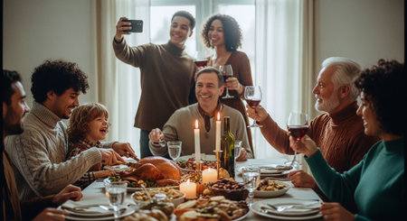 Group of multiethnic family sitting around table and taking selfie with smartphone.の素材