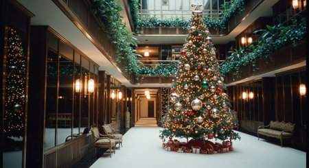 Christmas tree in the lobby of a modern hotel. Christmas and New Year conceptの素材