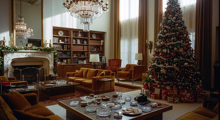Interior of living room with christmas tree, candles and sofaの素材