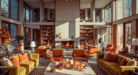 Luxury living room with orange armchairs and candles in autumnの素材