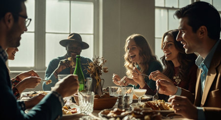 Group of young people having dinner together while sitting at the dining tableの素材