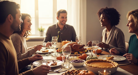Group of multiethnic friends having dinner together at home, celebrating Thanksgiving.の素材