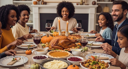 happy african american family celebrating thanksgiving day at home with turkeyの素材