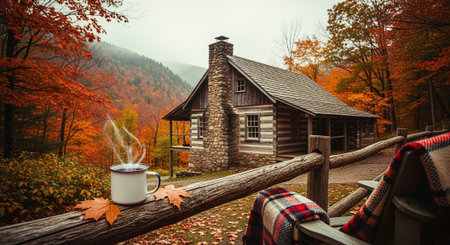 A cozy cabin in the woods surrounded by autumn foliage, with a steaming mug on a wooden railing and a blanket draped nearbyの素材