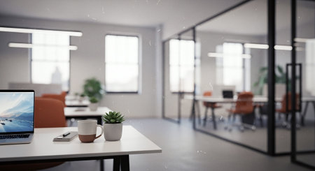 Modern office interior with laptop and coffee cup on table. Mixed mediaの素材