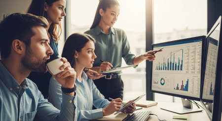 Group of business people working together in office. They are sitting at desk and using computer.の素材