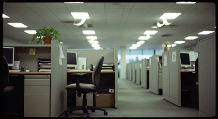Modern office interior. Workplace with computers and equipment. Horizontalの素材