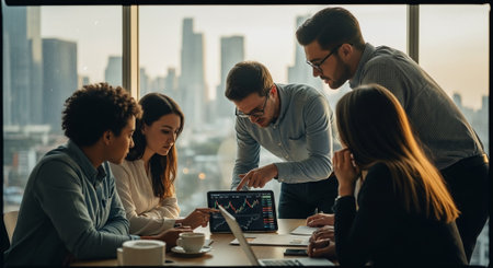 Group of business people discussing business plan at meeting in office. Businessman and businesswoman working in team conference room.の素材