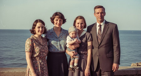 Portrait of a happy family of four on the background of the seaの素材