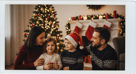 happy family in christmas sweaters with gift box looking at cameraの素材