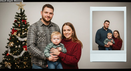 Happy family at christmas time. Father, mother and child in photo frame.の素材