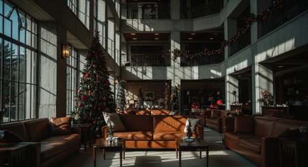 interior of a modern house with a christmas tree and a sofaの素材