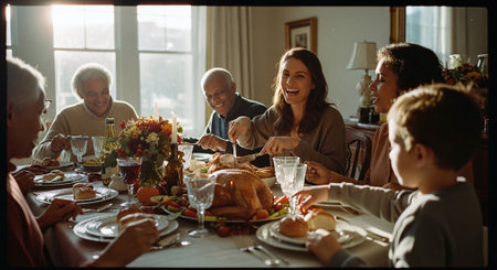 Happy family having dinner together at home. Grandfather, mother and children are sitting at the table and eating turkey.の素材