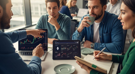 Group of business people in smart casual wear using gadgets and talking while working in officeの素材